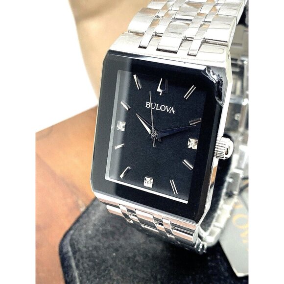 Bulova Men's Watch 96D145 Diamond Black Dial Silver Stainless Steel Quartz CHIP - Picture 1 of 14